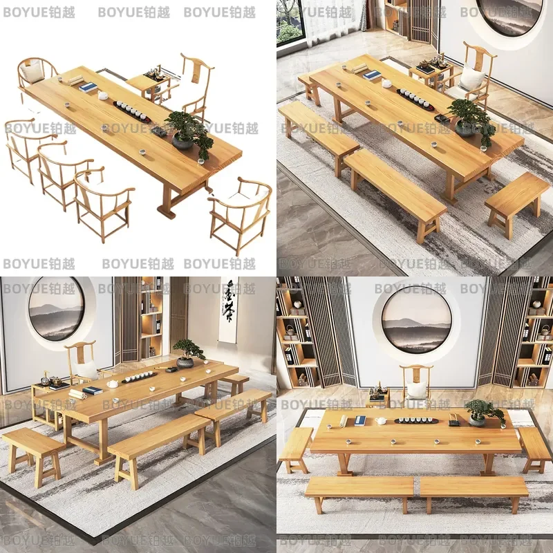 Solid Wood Tea Table Set Large Office Reception Desk Kung Fu Tea Board Hotel Lobby Furniture With Chairs Natural Log Style