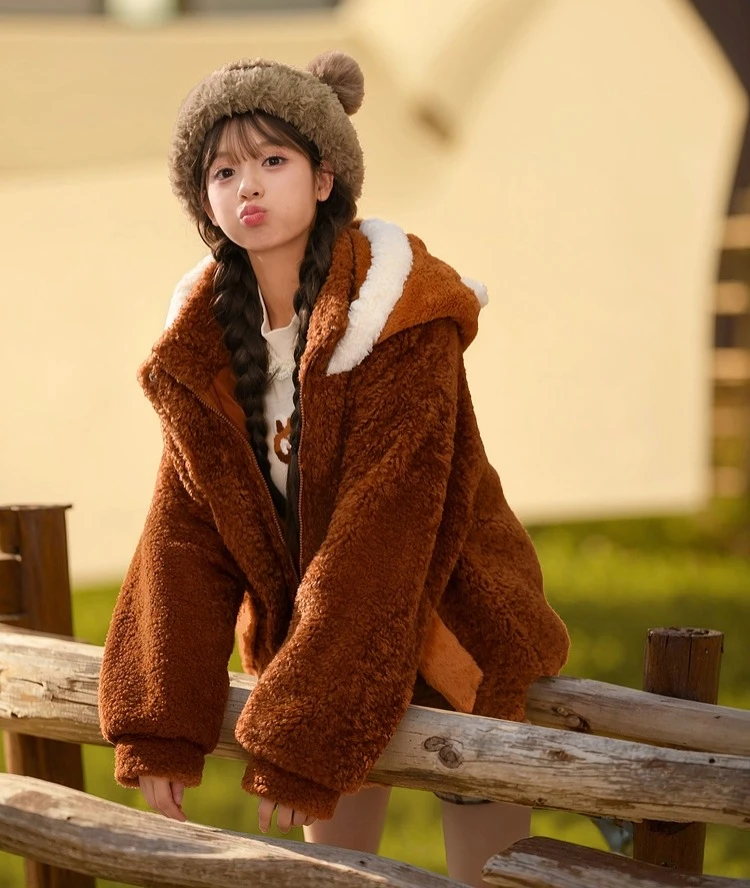 2025 Autumn Winter New Cute Style Brown Little Panda Letter Print Loose Zipper Soft and Comfortable Hooded Sweatshirt