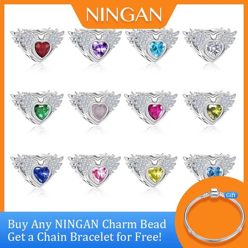 

NINGAN Original Angel Wings Birthstone Beads Charms 925 Sterling Silver January-December Heart Zircon Charm for Women Bracelet