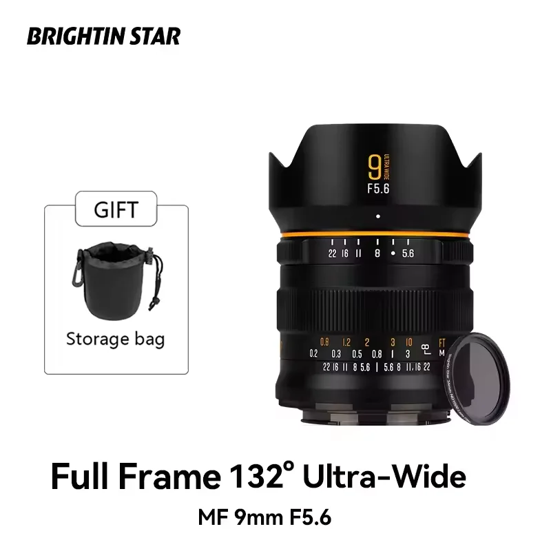 Brightin-Star Mirrorless Camera Lens, 9mm, F5.6 Full Frame, 132 °, Ultra Wide-Angle, Focagem Manual, Sony, Fujifilm, Canon