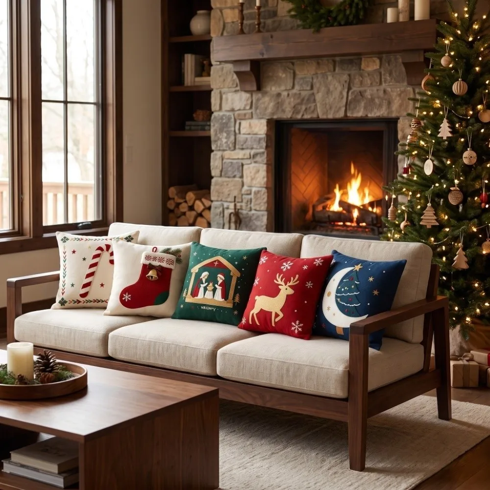 Soft Christmas Pillow Cover Christmas Tree 2D Flat Throw Cushion Case 45cm 17.72in Candy Bowknot Xmas Tree Pillowslip