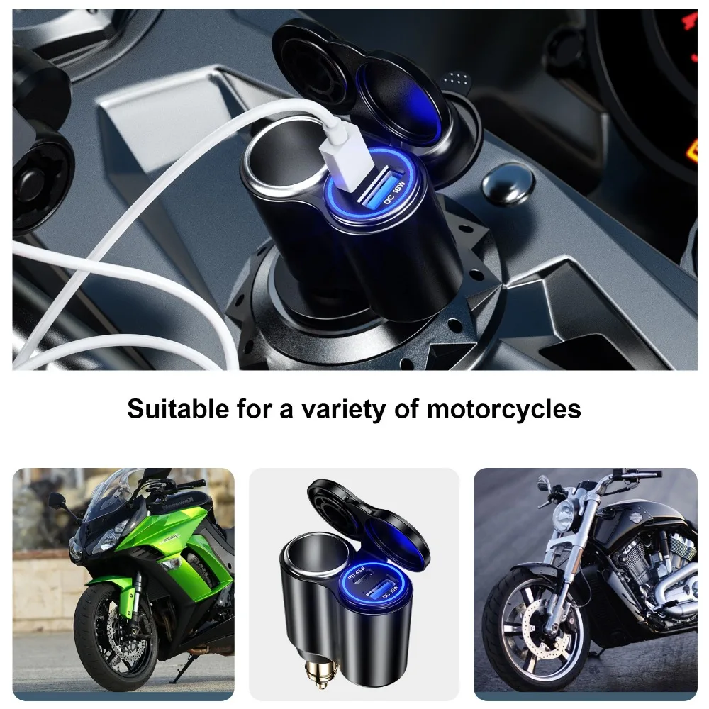 Motorcycle Din Hella Plug to QC 18W & PD 45W Type-C USB Charger and Cigarette Lighter Socket for BMW Ducati Triumph Motorcycle