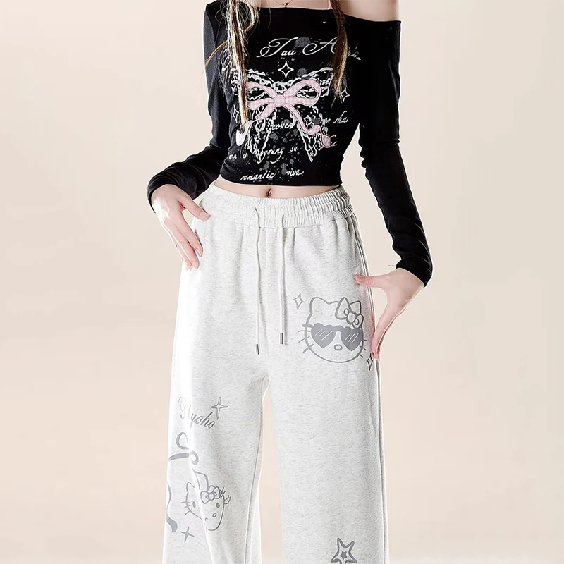 산리오 헬로 키티 그레이 운동 플레어 스웨트팬츠 가을 겨울 루즈 캐주얼 바지 패셔너블 와이드 레그 바지