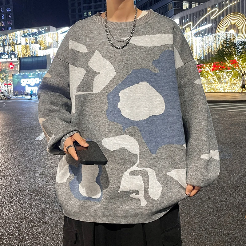 Men\'s Winter Knitted Sweater Pullover Print Korean Fashion Clothes Knitwears Clothing Round Neck Loose Versatile Warm Camo