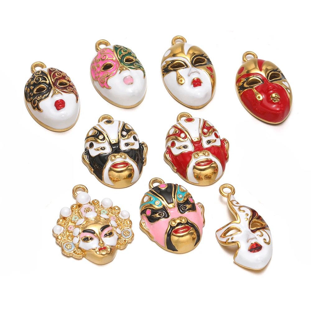 3pcs Stainless Steel Creative Enamel Peking Opera Mask Charms for DIY Jewelry Necklace Pendant Making Bracelet Earrings Crafts