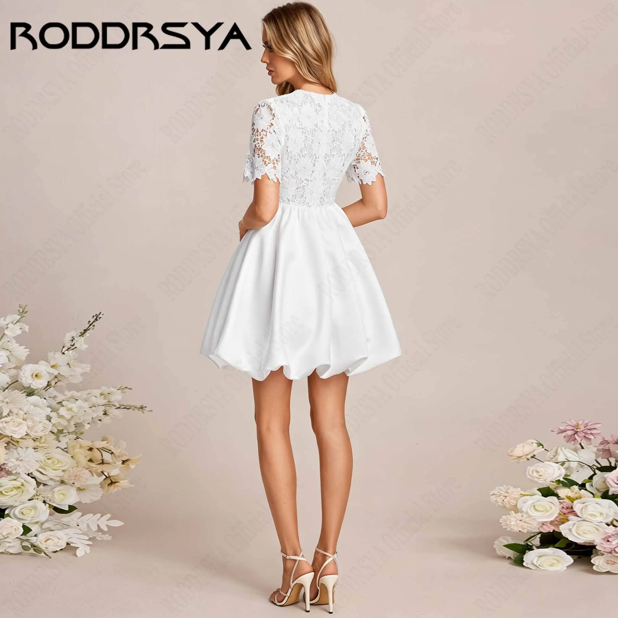 RODDRSYA Floral Lace Short Sleeve Wedding Dress O-Neck Satin A-Line Mini Classic Bridal Party Gown vestidos de novia Customized