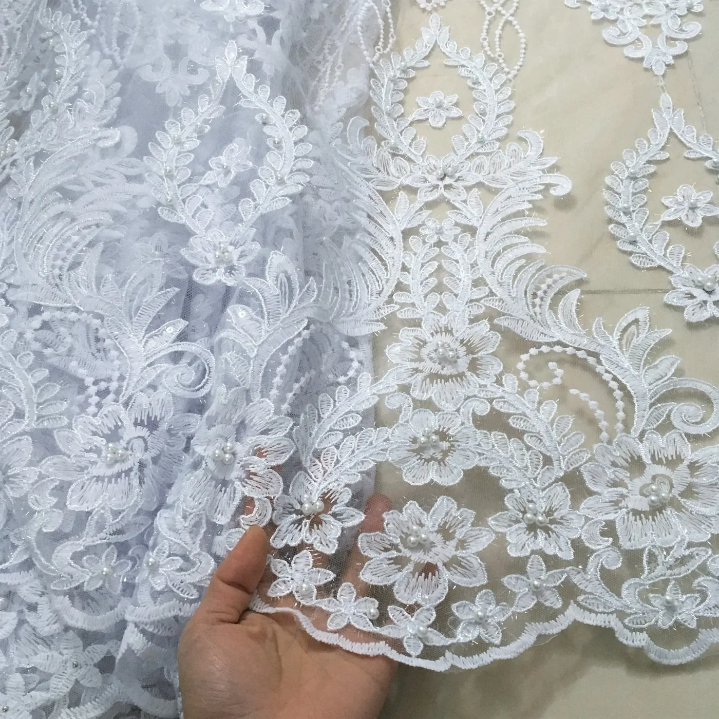 White lace fabric for wedding dress,African lace fabric 2021 high quality lace,french lace fabric with sequins new 5yards KW008