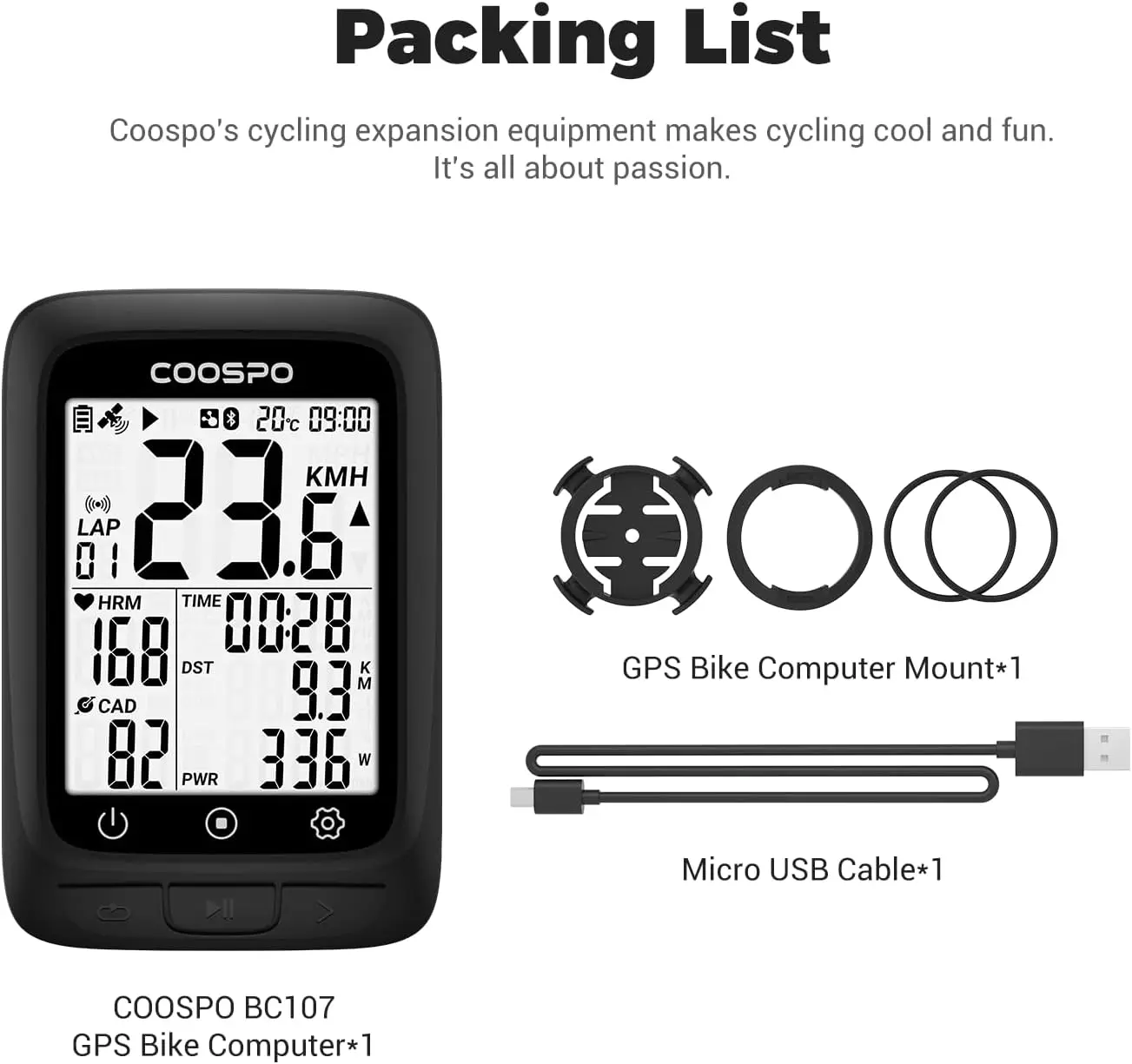 Nulkomma COOSPO GPS Wireless,Cycling Computer GPS with Bluetooth, ANT+ Bicycle Computer 2.4 LCD Screen, Auto Backlight IP67