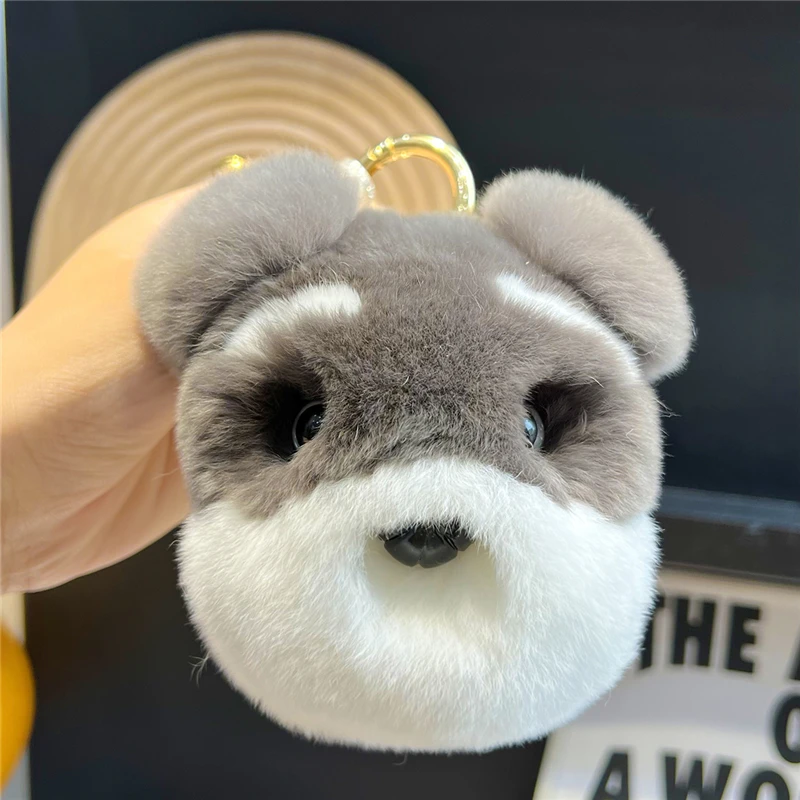 LLavero de piel de conejo de perro pequeño para mujer, Bola de felpa, colgante de coche, joyería, anillo de Metal, chucherías, juguete para niños, regalo