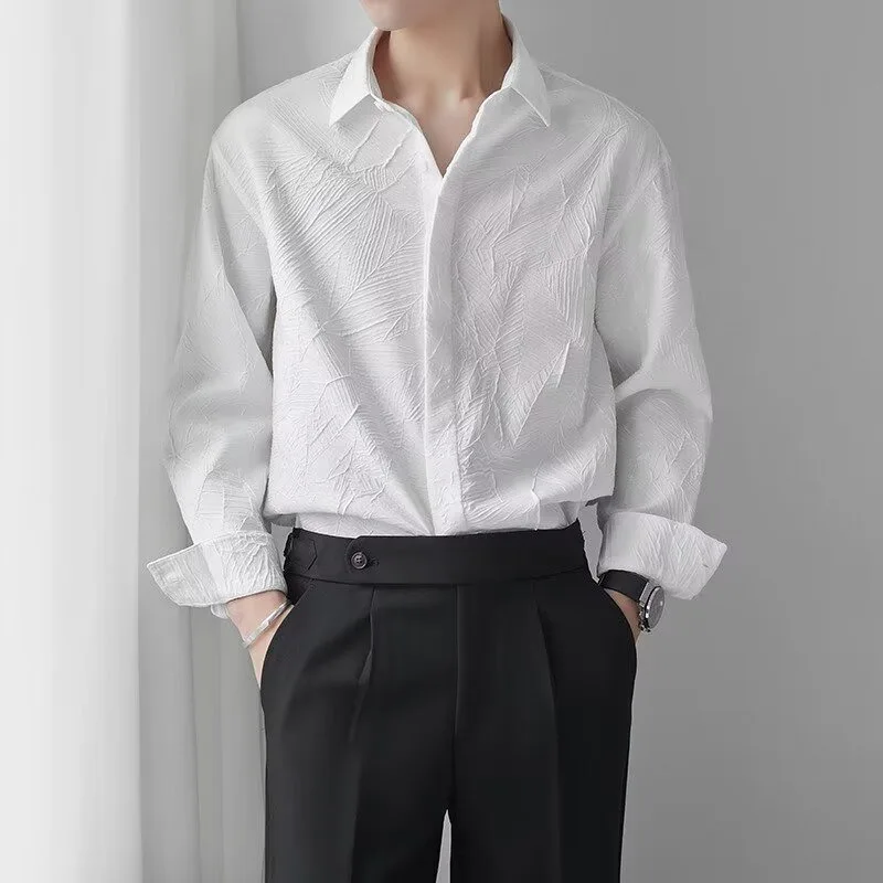 

Korean Men's Casual Loose Shirt 2026 New Jacquard Long Sleeved Shirt Solid Lapel Business Blouse Elegant Men Clothing