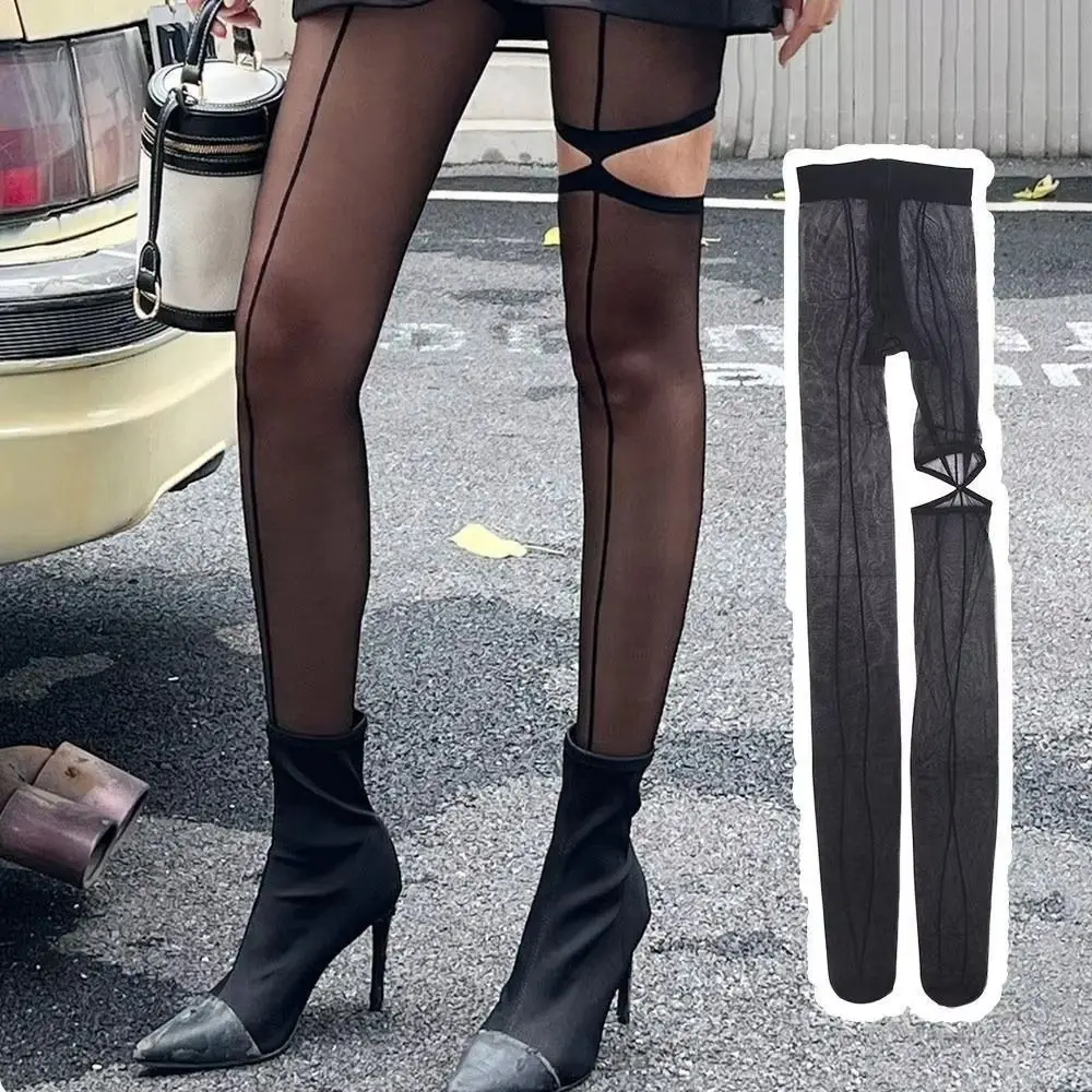 Comfortable Transparent Mesh High Pantyhose Y2K Vertical Line Hollow Out Leggings Black Tights Asymmetry Pantyhose Women Summer