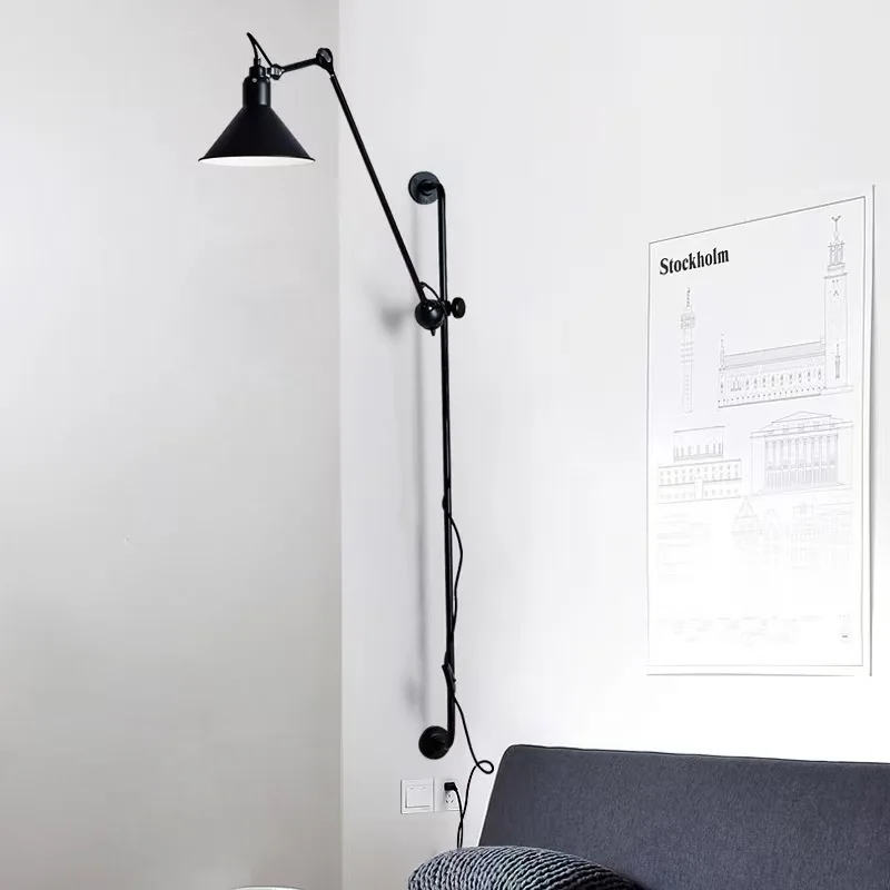 Retro Bedroom Bedside Living Room  Reading Wall Lamp Industrial Wind Retractable Mobile can Lift Long Rod Rocker Arm Wall Lamp