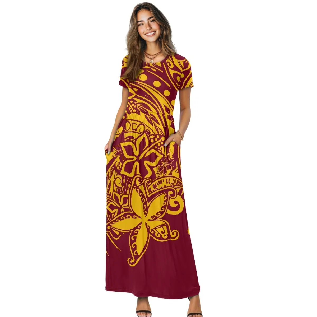 Golden Brown Hawaiian Fashion Polynesian Plumeria Print Elegant Plus Size Short Sleeve Casual Pocket Dress Print On Demand