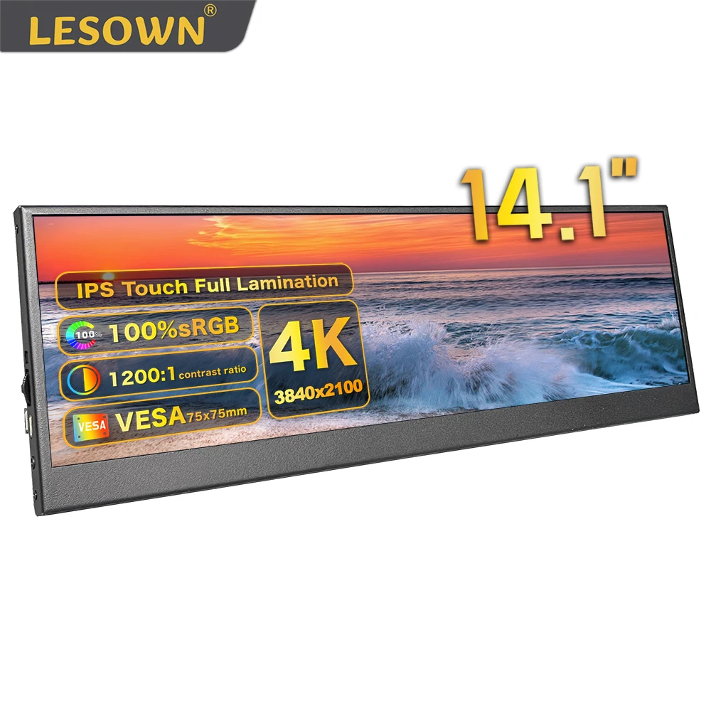 

LESOWN 4K 14" IPS UHD 3840x1100 Long Stretched Touch Screen Monitor for Music Media Timeline Editing PC Temperature Monitoring