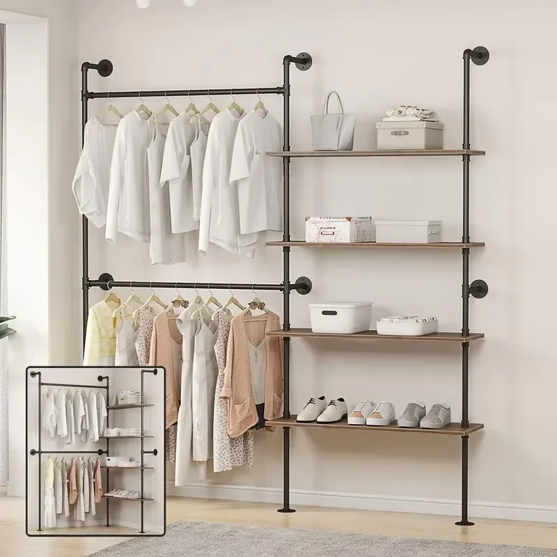 Industrial Pipe Clothing Rack with Shelves Heavy Choset Clothes Rack for Indoor Bedroom and as walk-in Closet System