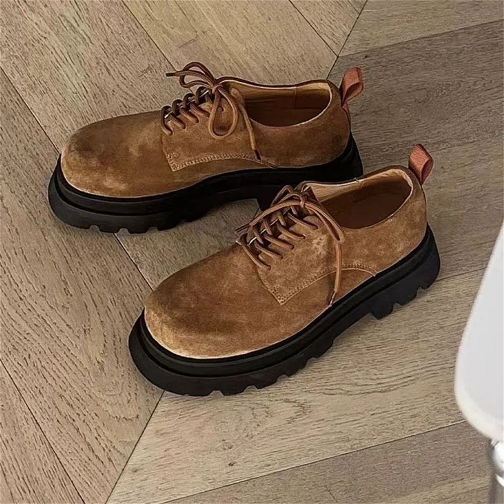 

Autumn New Casual Khaki Suede Leather Shoes for Men British Style Thick Soled Shoes Women's Brown Height Increasing Derby Shoes