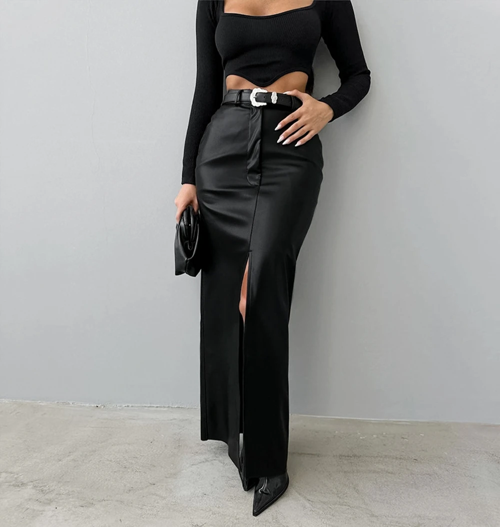 2024 European And American Style Fashionable PU Leather Solid Color Splicing Design Sense High Waist Slit Slim Fit Long Skirt