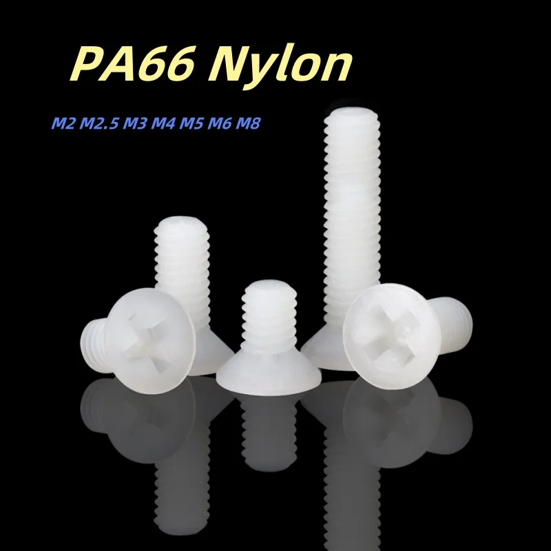 M2 M2.5 M3 M4 M5 M6 M8 White PA66 Nylon Countersunk Head Screws Flat Head Cross Groove Plastic Cross Head Bolts Length:4~ 40mm