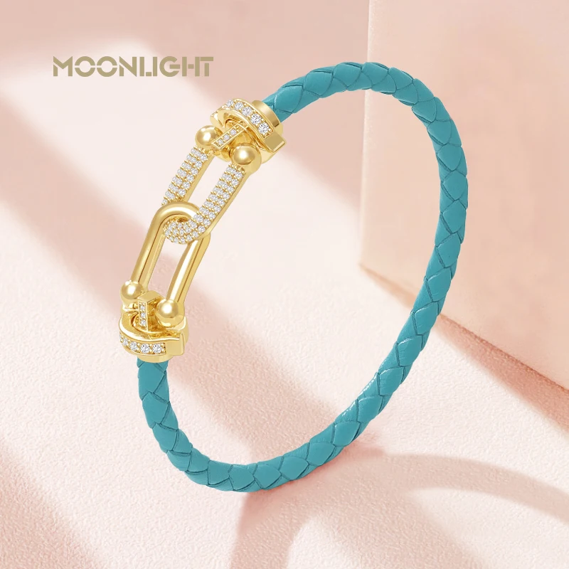 

MOONLIGHT Classic Design U-Shape Zircon Bracelet for Women Genuine Braided Leather Charm Bracelet Female Jewelry Gifts 8 Colors