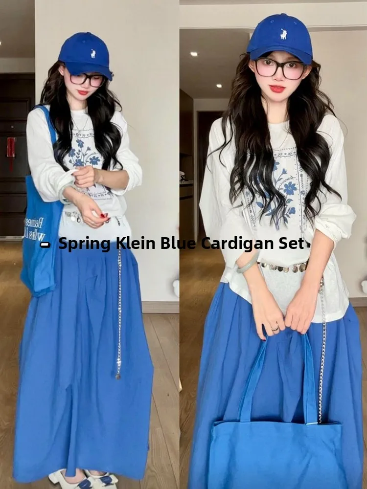 Korean Style round Neck Long Sleeve T-Shirt Women's Spring New Loose Slimming Versatile Top Blue White Color Block Print Fash...
