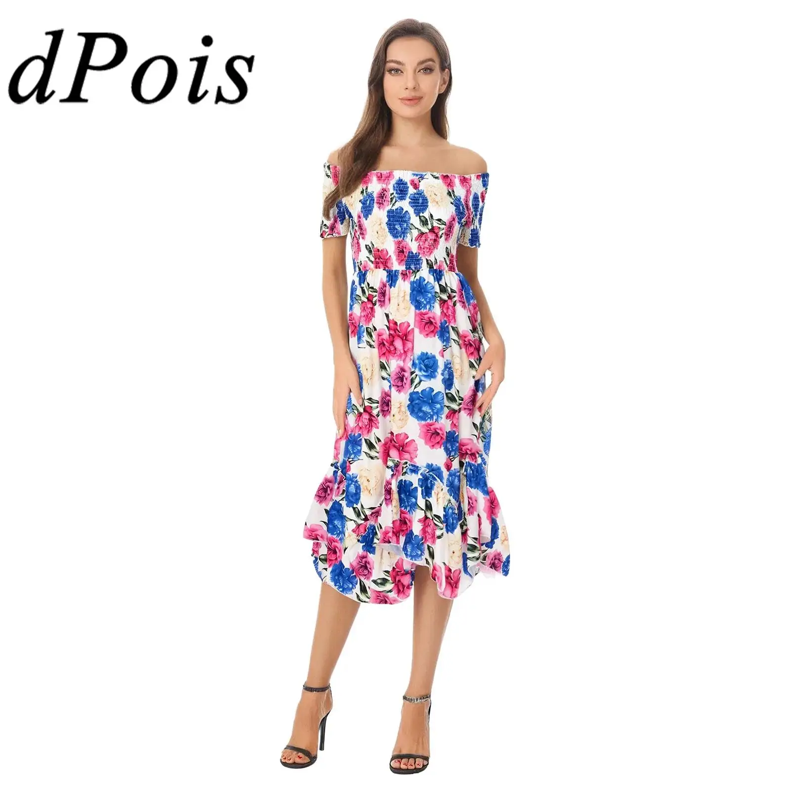 

Women Summer Boho Off Shoulder Floral Short Sleeve High Waist Vestidos A-line Irregular Hem Casual Beach Vacation Dresses