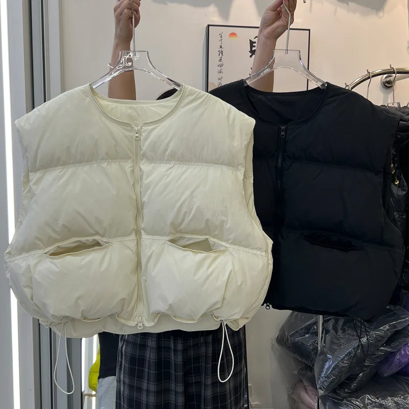 Women's Winter Top Coat Vest Down Jacket White Duck Down Round Neck Short Warm Thickened Retro Simple Comfortable Casual Niche