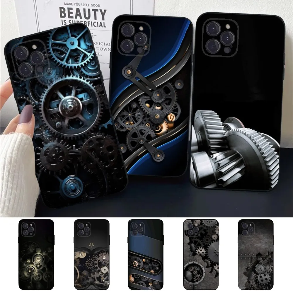 Mechanical Gear Phone Case For Apple iPhone 15,14,13,12,11,XS,XR,X,8,7,Pro,Max,Plus,mini Silicone Black Cover