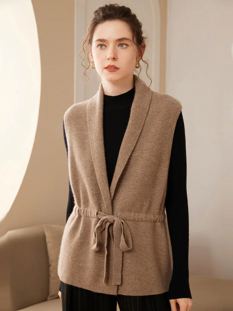 

Yoyoselect Women Cashmere Waistcoat Laced Sleeveless Cardigan Autumn Winter Luxury 100% Cashmere Vest Sweater Office Lady Tops