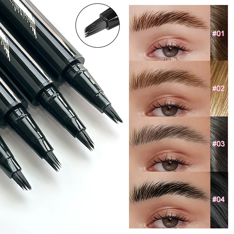 قلم حواجب سائل بأربعة ألوان - فرشاة ألياف مقاومة للماء ذات أطراف رفيعة لضربات تشبه الشعر الطبيعي وتحديد طويل الأمد