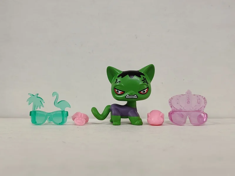 Littlest Pet Shop Figure LPS Green Cat OOAK#121 W/4pcs Accessories for kid Toy