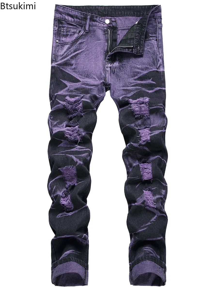 

New Trendy Men's Slimming Non-elastic Stylish Patchwork Slim Fit Casual Jeans Black Purple Contrasting Color Ripped Denim Pants