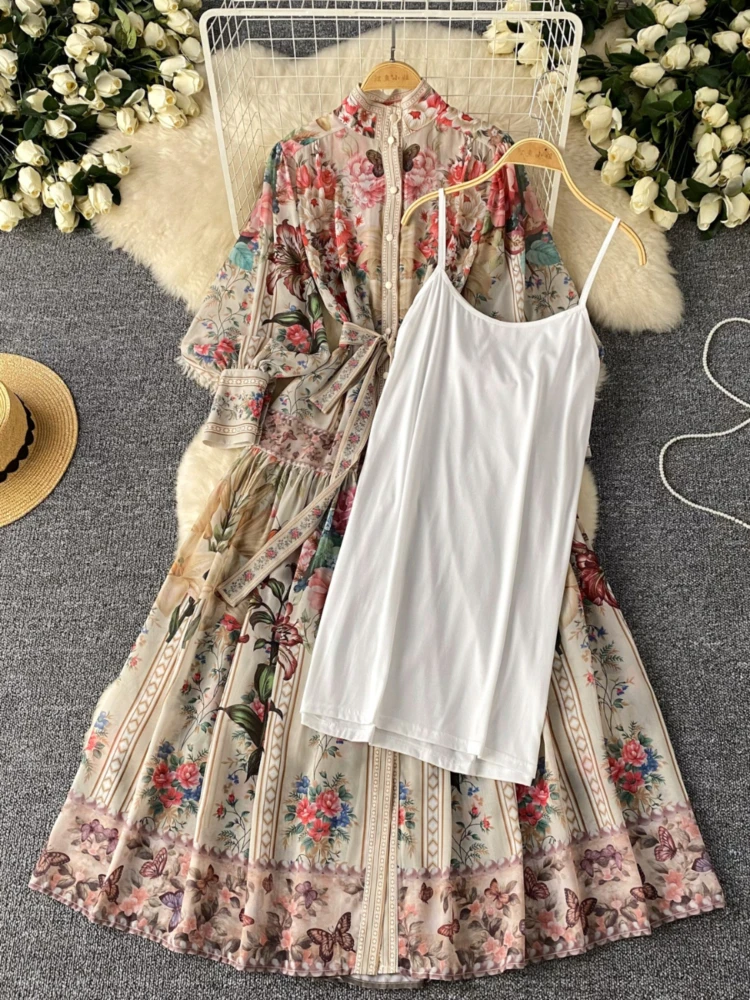 Bohemian Woman Dress Vintage Stand Neck Print Robe Femme Lantern Sleeve Bandage Temperament Sweet Dresses 2024 Vestidos De Mu Wj