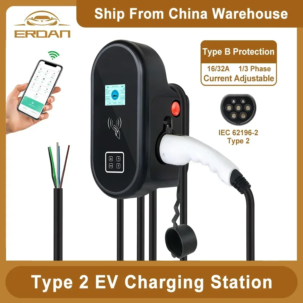 

ERDAN 32A 3P 22KW Type2 Wall Box Charger IEC62196-2 EV Wall-mounted RFID Card WiFi Monitoring App Control Charging Station