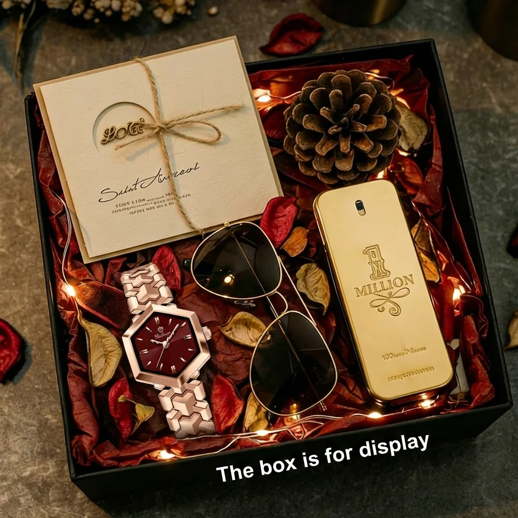 4pcs Women's Rose Gold & Burgundy Metal Elegant Hexagonal Dial Geometric Link Sunglasses Perfume Quartz Watch Gift Box
