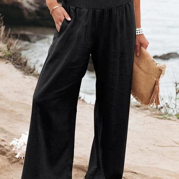 Pantaloni di lino in cotone a gamba larga a vita alta taglie...