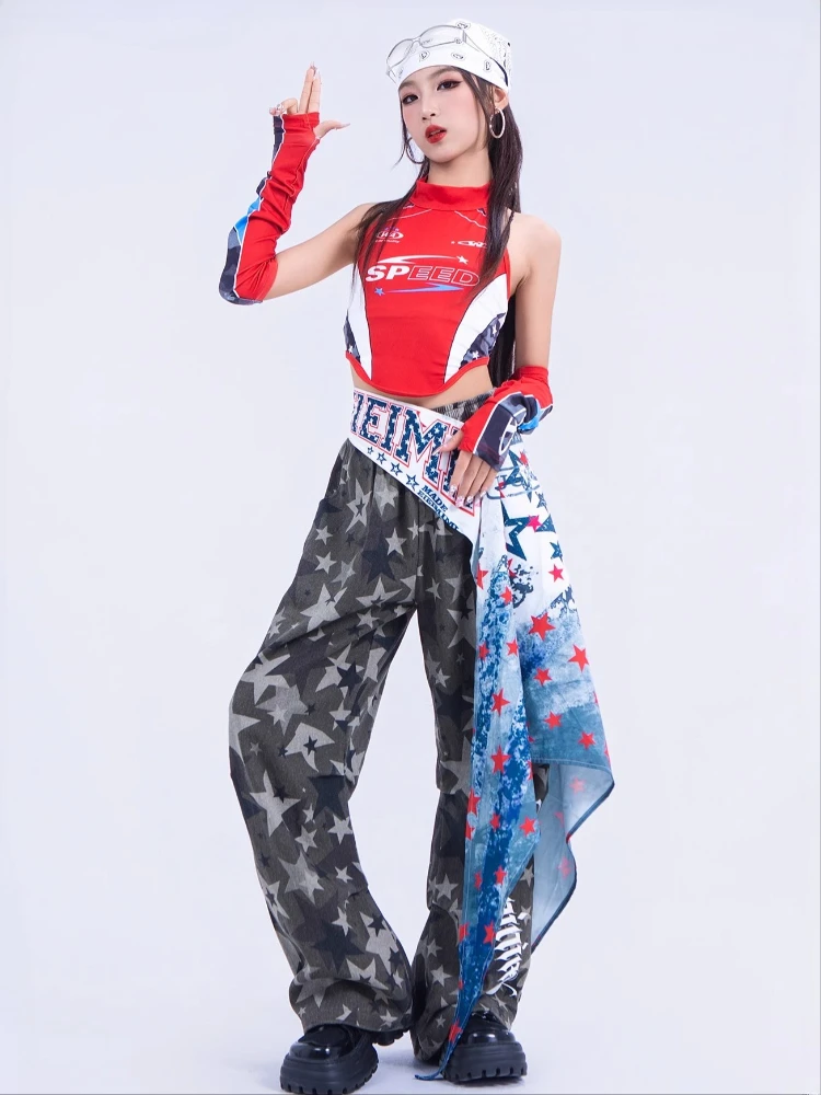 Girls Hip-Hop Street Dance Clothes Cool Jazz Dance Costumes Red Top Baggy Pants Ballroom Hip Hop Dancing Clothes Stage Outfits
