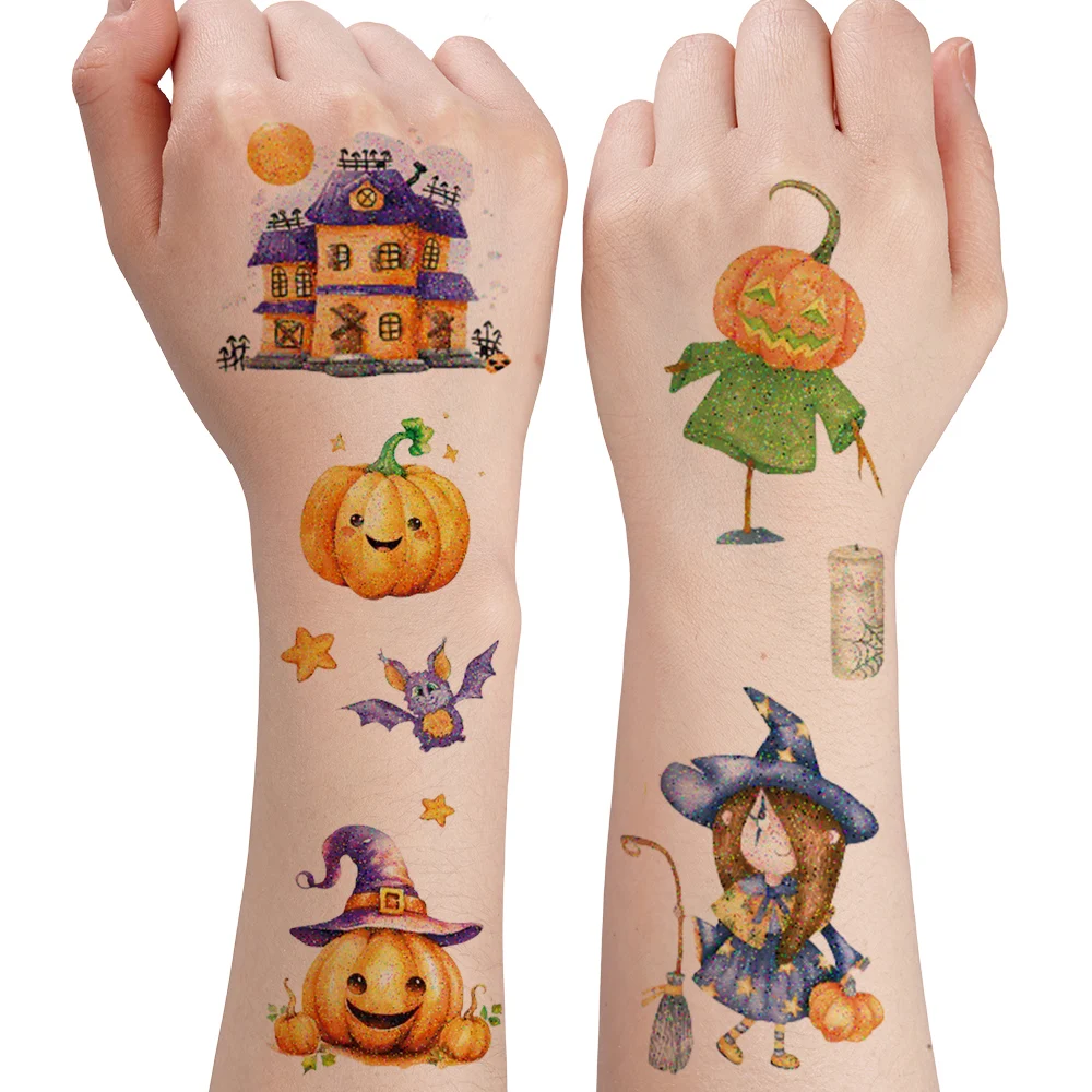 

1PCS Glitter Halloween Temporary Tattoos Pumpkinhead Ghost Halloween Party Decorations Supplies Favors Gifts for Kid