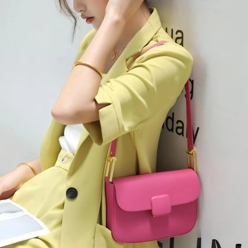 Fashion Small Square Bag Women\'s Genuine Leather Underarm Bag Luxury Design High Quality One Shoulder Crossbody Tofu Bag Pink