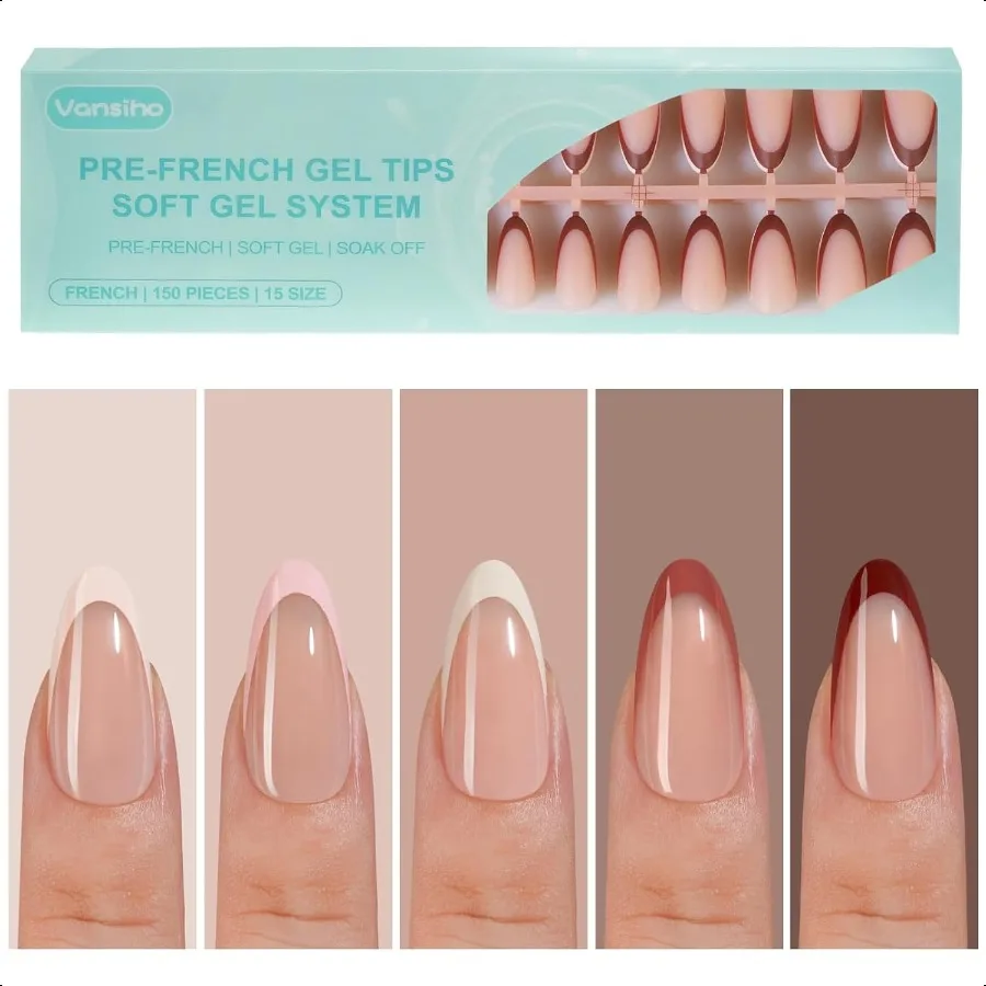 

150 шт. французские гелевые кончики для ногтей, миндальные ихо, средние кончики ногтей, предварительно французские кончики, аксессуары для ногтей, накладные ногти для дизайна ногтей, сделай сам, 15 размеров