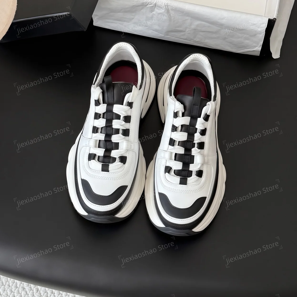 Newest Color Genuine Leather Round-Toe Thick Sole Lace-Up Sneakers Shoes Casual Tennis Shoes Mix Colors Athletic Shoes