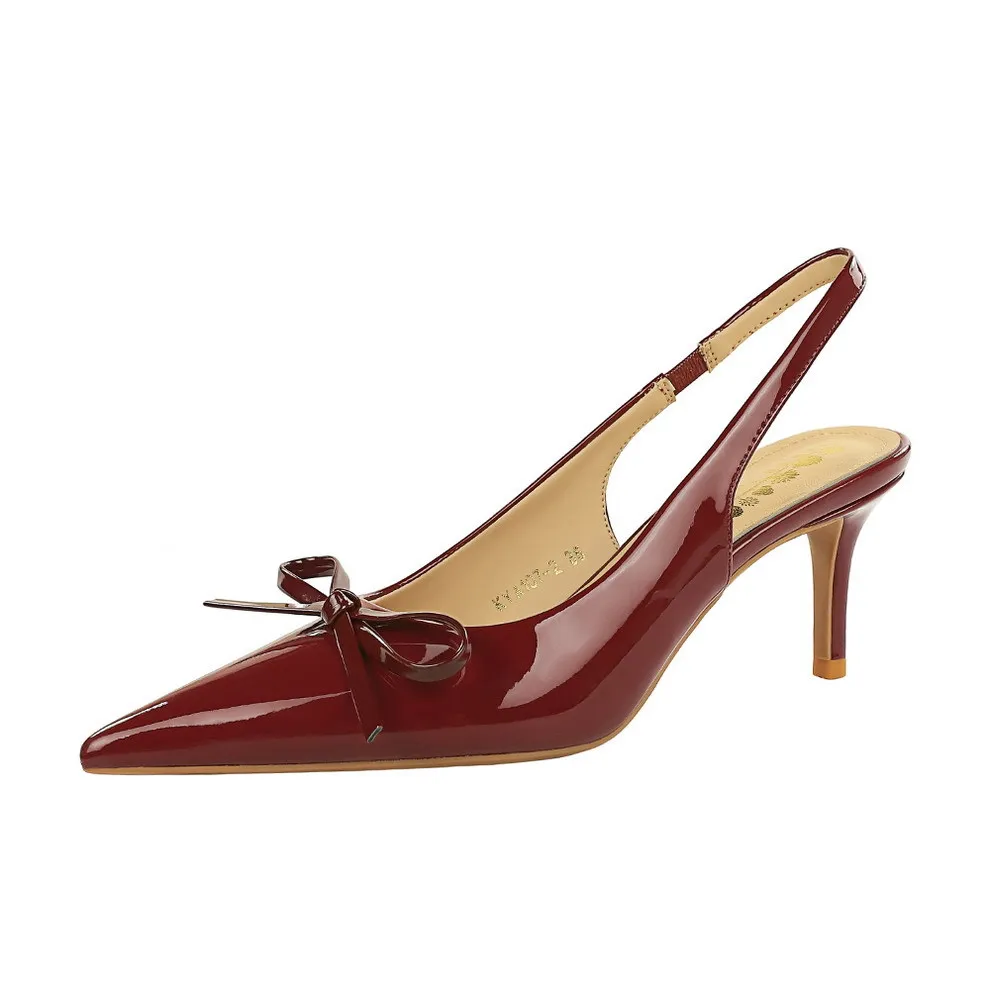 European and American Fashion Bow Pointed Head Light Mouth Patent Leather Back Empty Back Strap Thin Heel Sandals Women