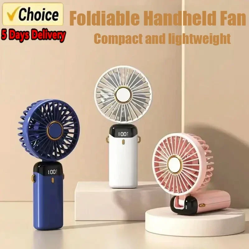 USB Handheld Mini Fan Foldable Portable Neck Hanging Fans 5 Speed USB Rechargeable Fan with Phone Stand and Display Screen