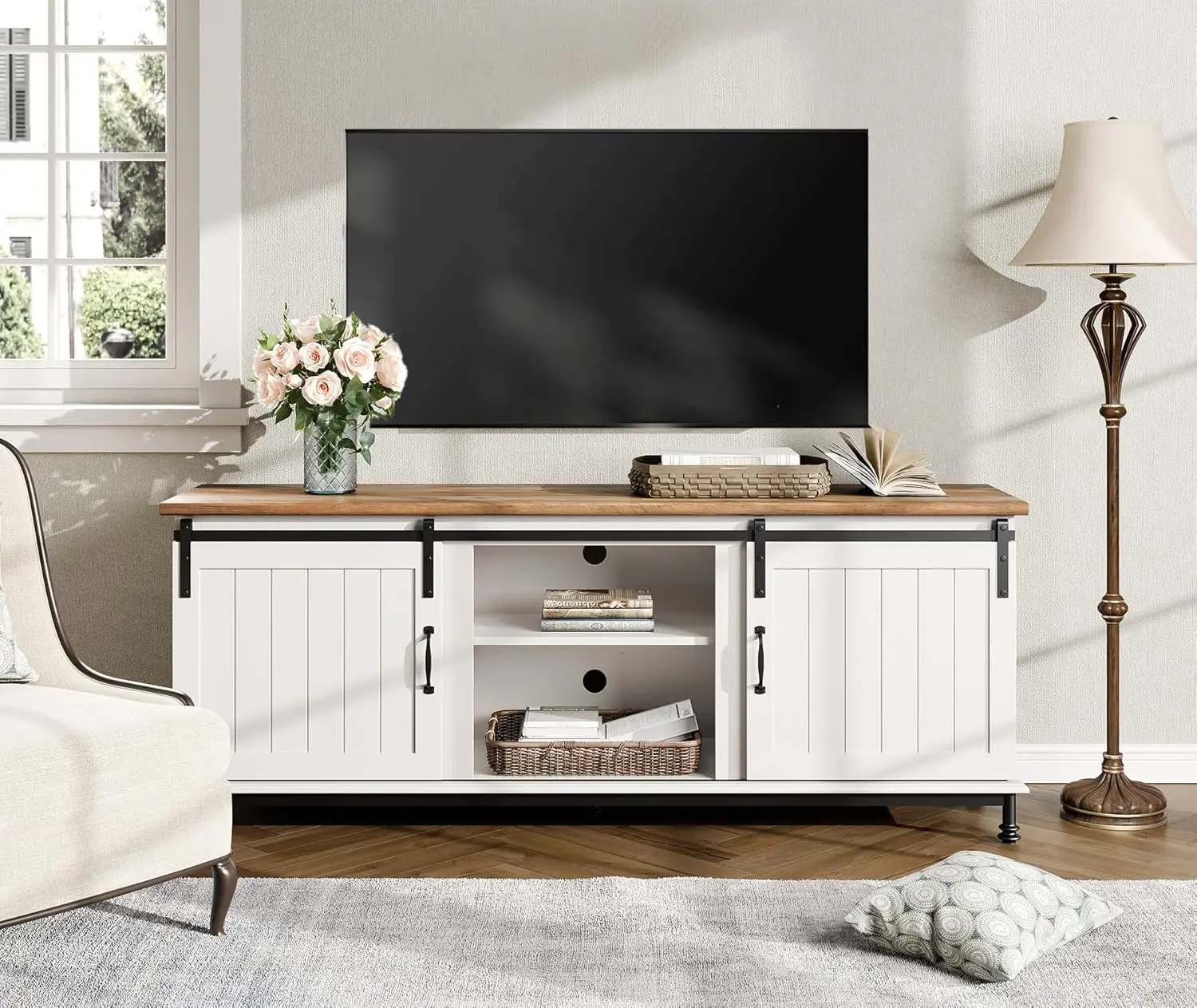 Farmhouse TV Stand for 70 Inch TV, with Sliding Barn Door, Entertainment Center Media Console with Storage Cabinet