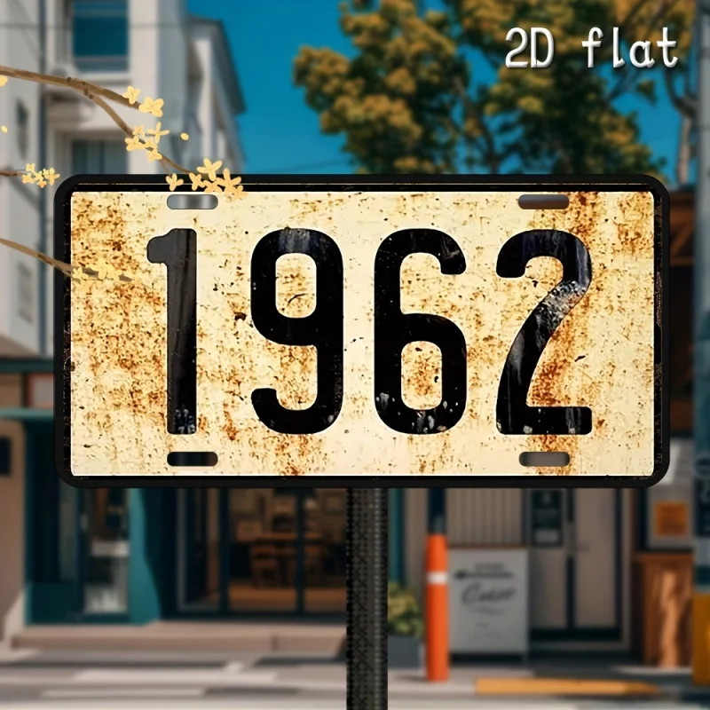 HD Aluminum Print, Vintage 1962 Distressed Rusty License Plate Style Wall Art, High Definition Bend-Resistant Metal Sign, Retro