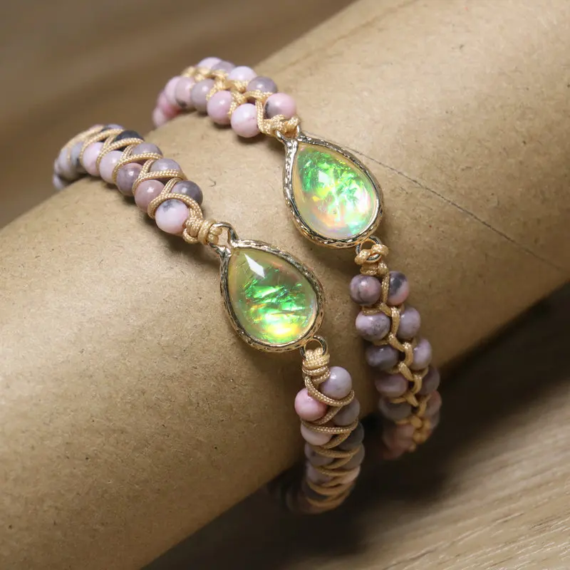 Natural Stone 4MM Pink Zebra Stone Turquois Double layer Woven Bracelet with Water Drop Exquisite Beads Women's Jewelry