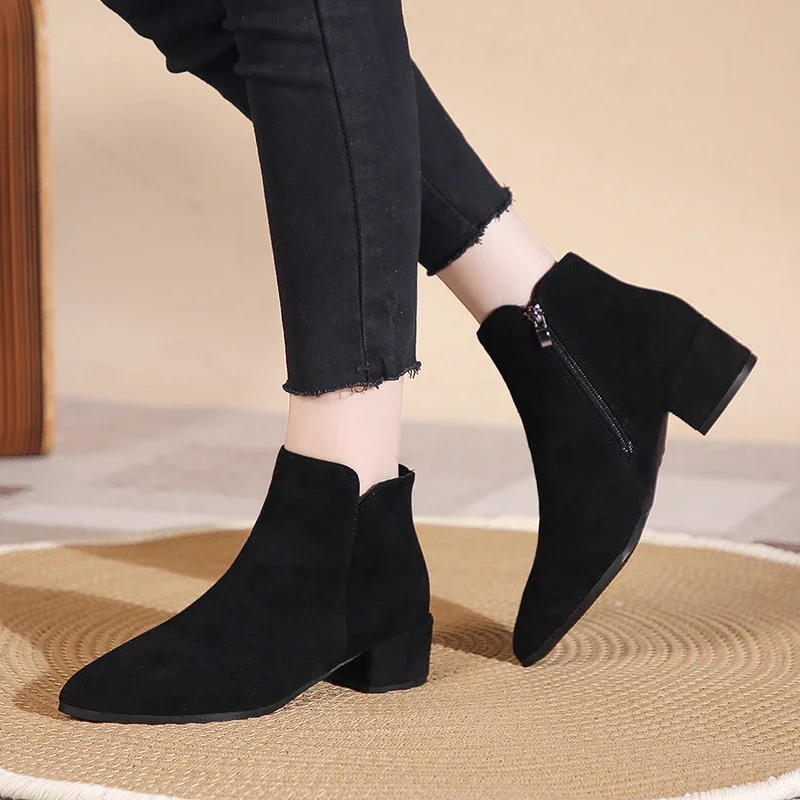 Thick Heel Black Ankle Boots Women\'s 2024 New Fall/winter High Heel Women\'s Pointed Comfortable Single Boots