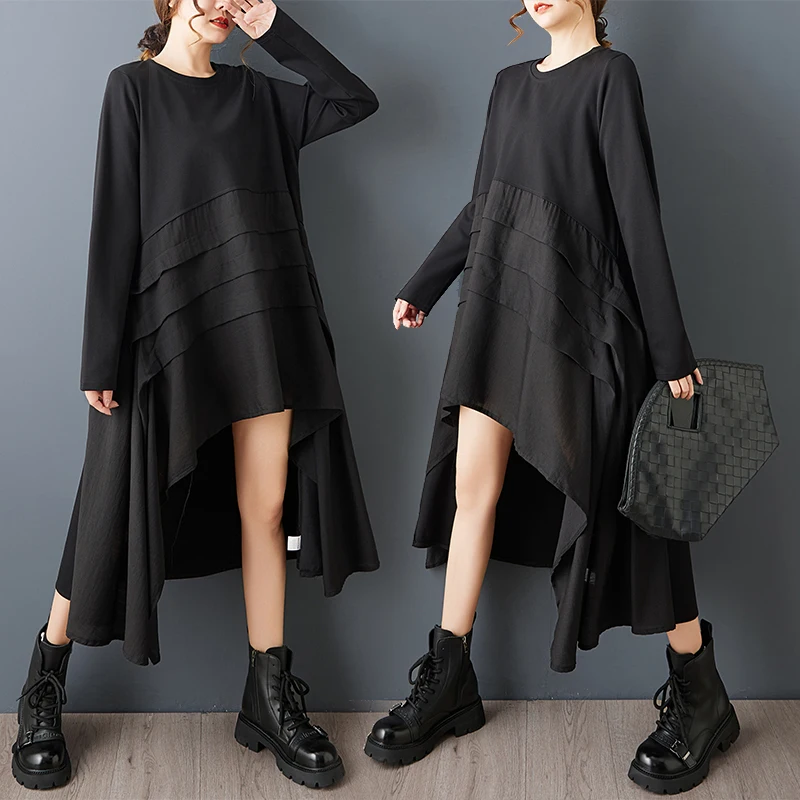 Lâche décontracté Midi Dr k Sle Patchwork rond Ne sur la longueur au genou printemps automne nouveau Sle femmes grande taille Dr