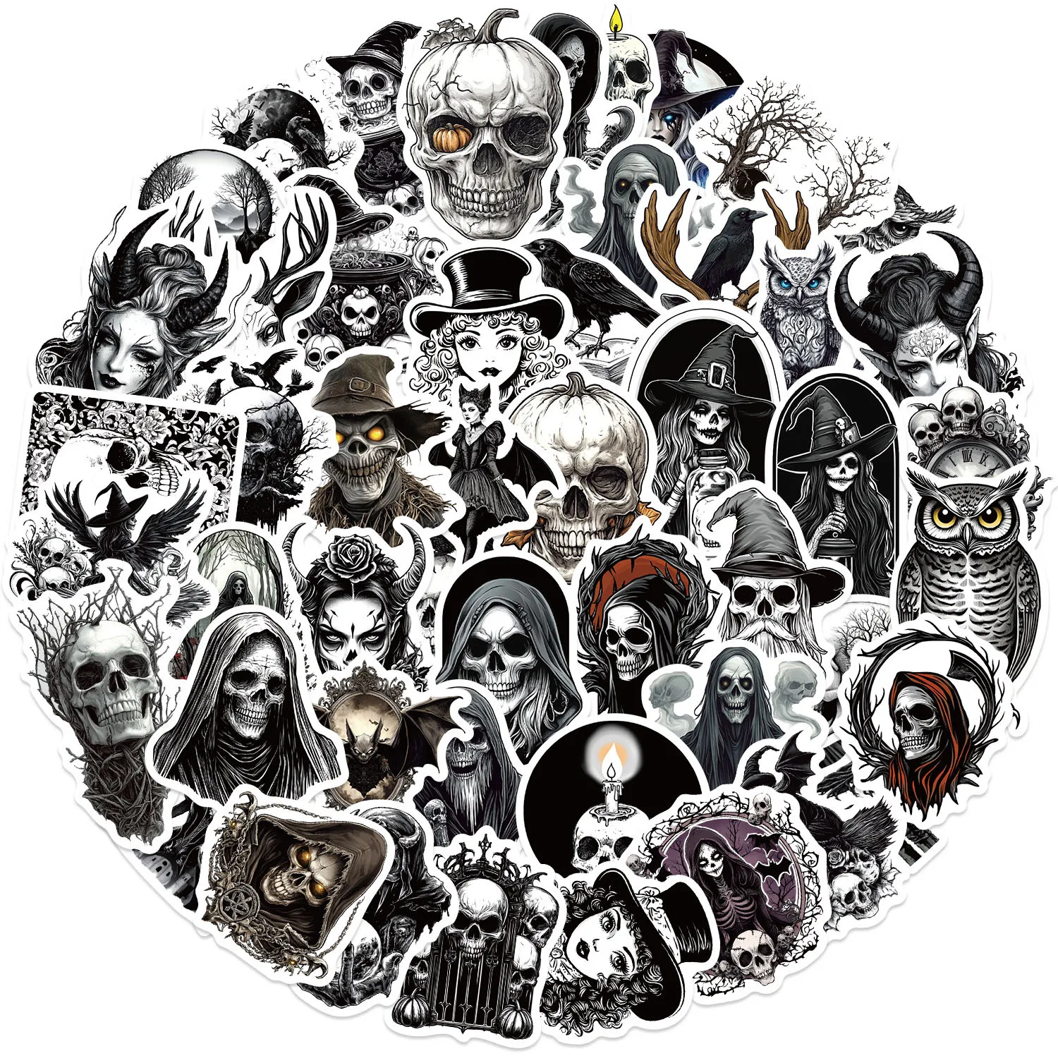 50Pcs Black And White Horror Skull Stickers Gothic DIY Stickers Scrapbooking Phone Luggage Skateboard Waterproof Graffiti Decals