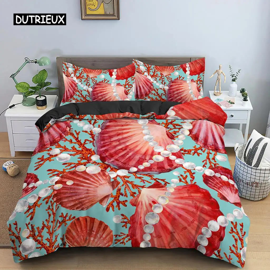 

Shell Bedding Set Coral Polyester Color Shell Comforter Cover Quilt Cover King Queen Size Bedding Set For Women Kids Room Decor