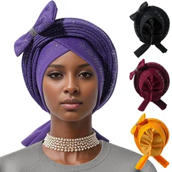 African Wedding Turban Shining Stone Bow Headscarf Pre-Tied Cross Wrap Turban Beanie Bow Decor Rhinestone Headscarf Cap